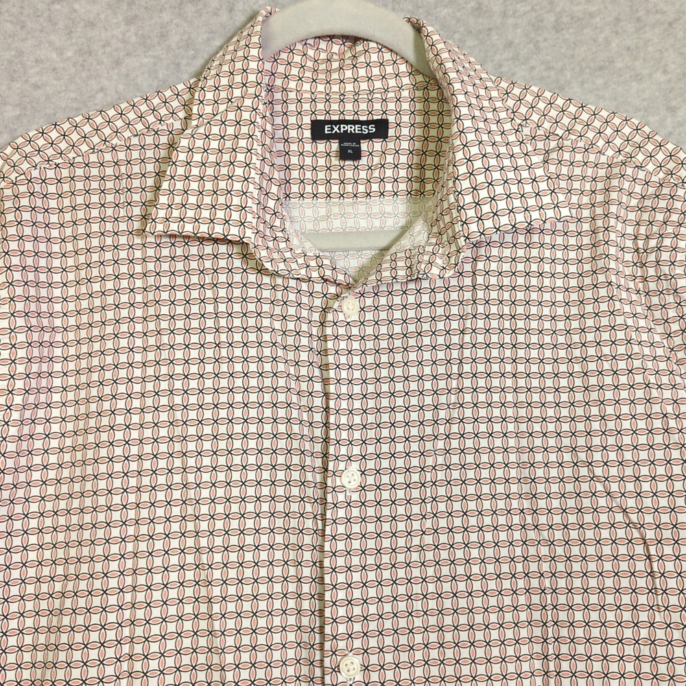 Express‎ Men's Short Sleeve Button Down Retro Geometric Print Shirt XL